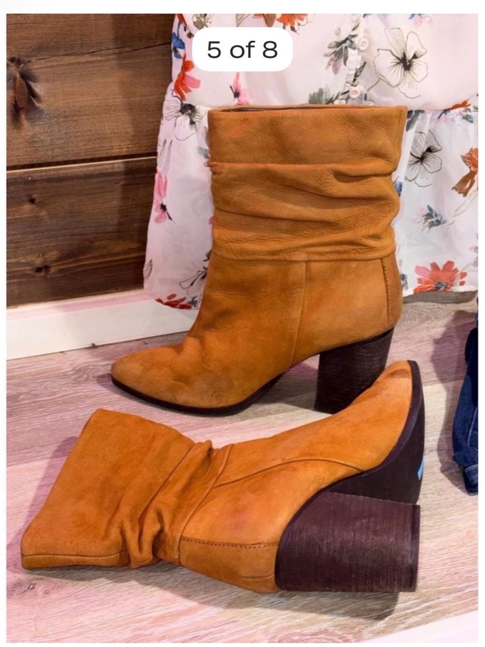 Aldo Tan Leather Slouchy Mid Calf Boots 8 Ruched Western Cowgirl Stacked Heel